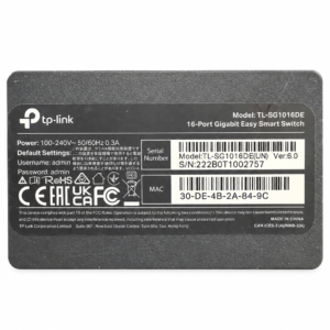 Switch TP-Link TL-SG1016DE de seconde main sur fond blanc : étiquette du modèle